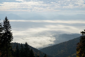 View from mountains with cloudy inversion below. Slovakia