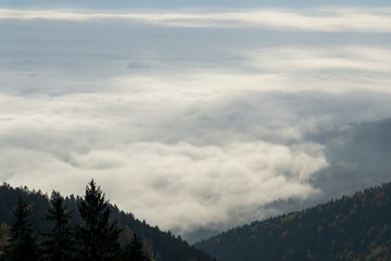 Fototapeta na wymiar View from mountains with cloudy inversion below. Slovakia