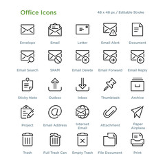 Office Icons - Outline styled icons, designed to 48 x 48 pixel grid. Editable stroke.