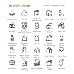 Recycling Icons - Outline styled icons, designed to 48 x 48 pixel grid. Editable stroke. - 227827393
