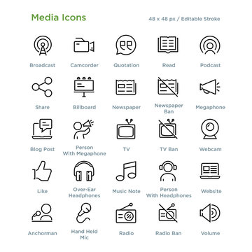 Media Icons - Outline styled icons, designed to 48 x 48 pixel grid. Editable stroke.