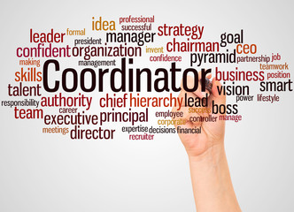Coordinator word cloud and hand with marker concept