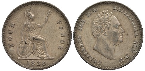 Great Britain British silver coin 4 four pence 1835, sitting Britannia holding oval shield with cross and trident, head of King William IV right,