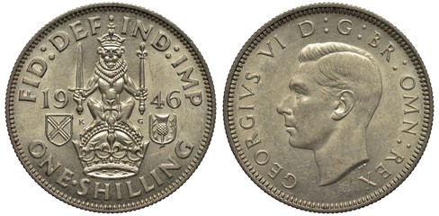 Great Britain British silver coin 1 one shilling 1946, Scottish type, lion sitting on crown holding sword and scepter flanked by two small shield, head of King George VI left,