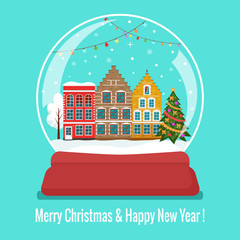 Christmas snow glass ball with european cute houses and Christmas tree. Flat design. vector illustration.