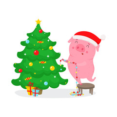 Cute cartoon pig decorates Christmas Tree . Symbol of 2019 new year. Vector illustration.