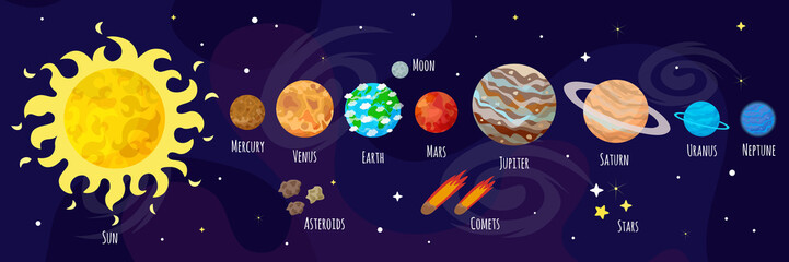 Vector illustration of space, universe. Cute cartoon planets, asteroids, comet, rockets. Kids illustration. © Svetlana