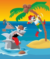 Fototapeta na wymiar Comics mouse pirate escapes from shark. Vector flat illustration