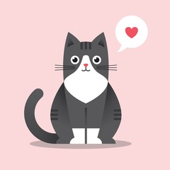 Cute happy black cat illustration in flat style.