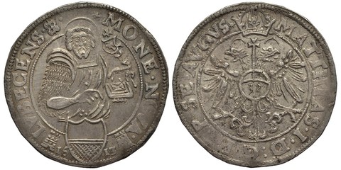 Germany German City of Lubeck silver coin 1 one thaler of 32 thirty two shillings 1613, Saint John with lamb with flag, city arms below divide date, crowned eagle with two heads with value in orb on c
