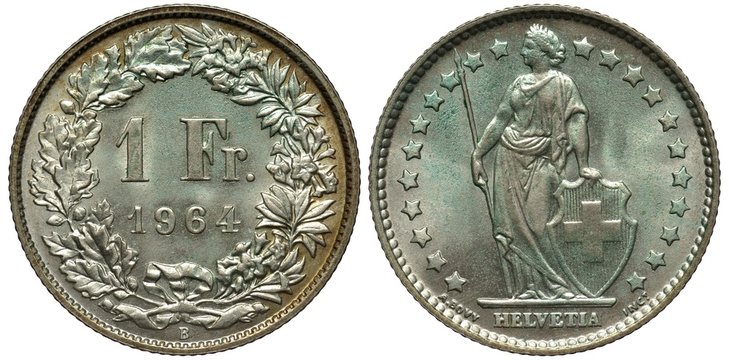 Switzerland Swiss silver coin 1 one franc 1964, value and date flanked by oak and floral sprigs, female with lance holding shield with Swiss cross, greenish patina,