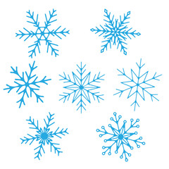 Set of various light blue realistic snowflakes. For winter and holiday theme illustrations.