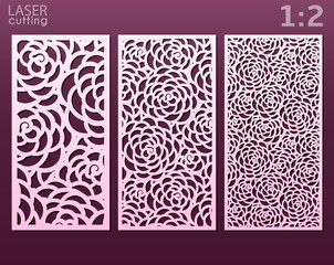 Laser and die cut ornamental panels template with pattern of peony flowers. Lazer cut card. Silhouette pattern. Cabinet fretwork panel. Lasercut metal panel. Wood carving.