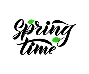Phrase Spring Time with green leaves. Vector season quote.