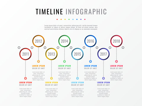 horizontal timeline with eight round elements, year indication and text boxes. simple process diagram for brochure, banner, annual report