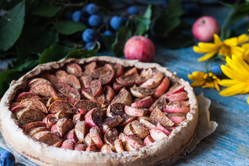 Apple pie on wooden blue rustic