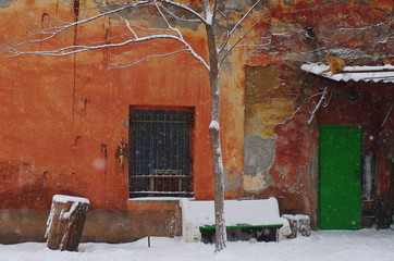 ancient facade wall ocher color ,  window, green bench,  green door, two red cat on the roof, tree...