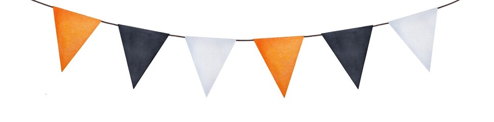 Bright party garland with different painted flags. Can be used for some text letters writing. Hand drawn watercolour graphic illustration on white background, cutout element for design and decoration. © Julija