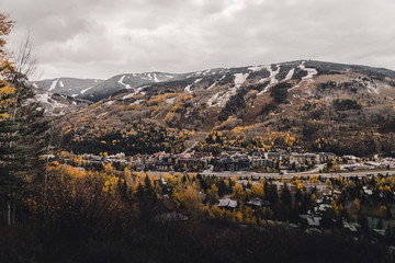 Landscape view of Vail, Colorado after an autumn snow storm. 