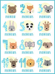 Vector image of 12 months for a baby girl with animals. A collection of children's stickers with numbers and bear, fox, mouse, rabbit, panda, giraffe, cat, elephant, dog, deer, lion, raccoon.