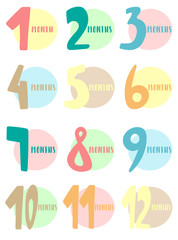 Vector image 12 months for babies. A collection of multicolored kids stickers in the shape of a circle with hand-drawn numbers. Bright Baby month for a scrapbook.