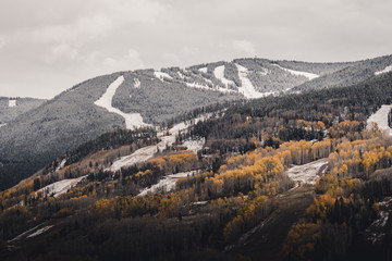 Landscape view of Vail, Colorado after an autumn snow storm. 