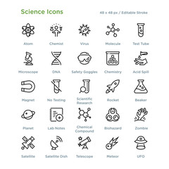 Science Icons - Outline styled icons, designed to 48 x 48 pixel grid. Editable stroke.