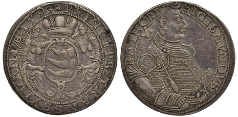 Transylvania (North-East Romania) Transylvanian silver coin 1 one thaler 1593, crowned shield with three claws supported by strange female creatures, cuirassed bust of ruler Prince Sigismund Bathory, 