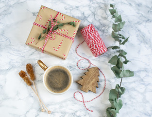 Christmas Gift Boxes Decoration Natural Decor New Year Party Concept Vintage Coffee Hot Beverages 
