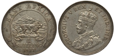 British East Africa silver coin 1 one shilling 1923, lion in savanna, mountains behind, value and date below, King George V bust left,