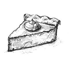 Sketch.Drawing of pumpkin pie piece topped with whipped cream, traditional American Thanksgiving Day dessert. Hand drawn vector illustration. © Alex