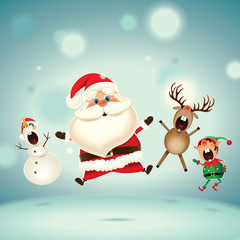 Santa Claus,Reindeer,Snowman and Elf jumping and singing Christmas carol on the north pole