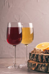 White  and red mulled wine with ingredients. Winter warming drink