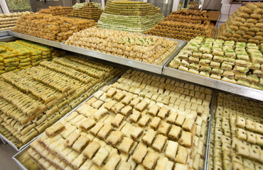 Varied Turkish baklava on stands