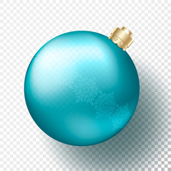 One Realistic Christmas or New Year transparent Bauble, spheres or balls in metallic bright blue color with snowflakes pattern, gold decorative cap and shadow. Vector illustration eps10