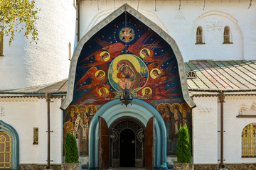 Fototapeta premium Religious building, Orthodox Christian cathedral with golden domes. Trinity Cathedral, Holy Dormition Pochayiv Lavra in Ukraine.