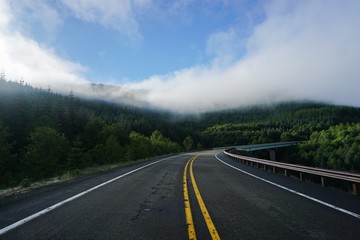 Fototapeta na wymiar Morning drive on a foggy mountain road in Washington state 