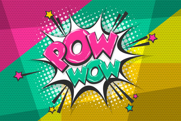 Pow gun wow comic text speech bubble. Colored pop art style sound effect. Halftone vector illustration banner. Vintage comics book poster. Colored funny cloud font.