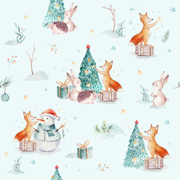 Watercolor Merry Christmas seamless patterns with gift, snowman, holiday cute animals fox, rabbit and hedgehog. Christmas tree celebration paper. Winter new year design.