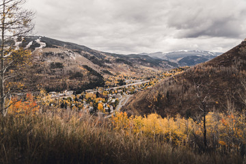 Landscape view of Vail Valley after after an autumn snow storm. 