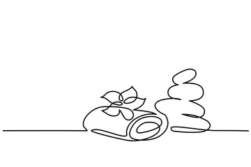 Continuous one line drawing. Spa cosmetic beautiful flower with towel and zen basalt stones. Vector illustration
