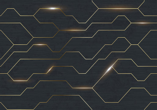Seamless vector futuristic dark iron techno texture. Golden abstract electron energy line on brushed black metal background. Power vein light tech pattern