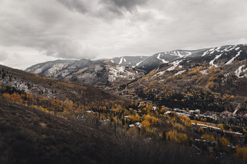 Landscape view of Vail, Colorado after an autumn snow storm. 