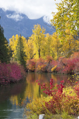 Stunning fall color reflexs in the pond and rivers in the cascade mountains