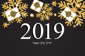 2019 with golden Christmas stars, gifts, snowflakes on a black background. Happy New Year card design. Vector illustration