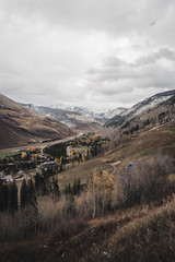 Landscape view of East Vail with the Gore Range in the background after an autumn snow storm. 