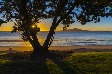 Sunrise Time at Takapuna Beach Auckland New Zealand - View to Rangitoto Island - obrazy, fototapety, plakaty