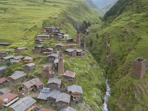 Drone view of Dartlo ancient village in Georgia country.