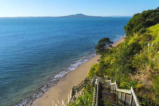 Kennedy Park, View To Castor Bay Beach, Auckland New Zealand; Rangitoto Island As A Background