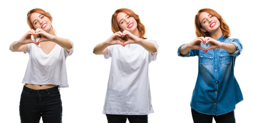 Collage of young beautiful redhead woman over isolated background smiling in love showing heart symbol and shape with hands. Romantic concept.